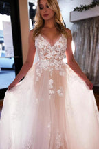 NumberSea Tulle A-line V-neck Wedding Dress With Lace Appliques, Wedding Gown