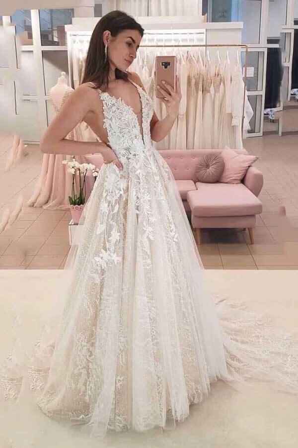 Vestido de novia NumberSea de tul, corte A, escote en V y apliques de encaje, MW722