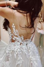NumberSea Tulle A-line V-neck Wedding Dresses With Lace Appliques, Bridal Gown