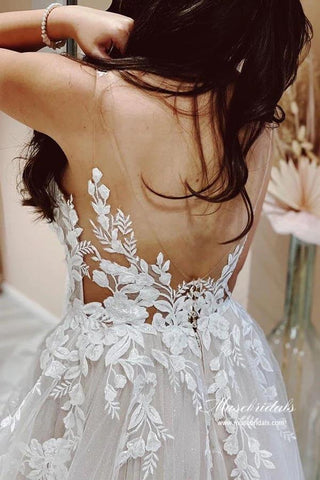 NumberSea Tulle A-line V-neck Wedding Dresses With Lace Appliques, Bridal Gown, MW921