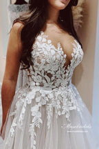 NumberSea Tulle A-line V-neck Wedding Dresses With Lace Appliques, Bridal Gown
