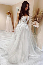 NumberSea Tulle A-line V-neck Wedding Dresses With Lace Appliques, Bridal Gown