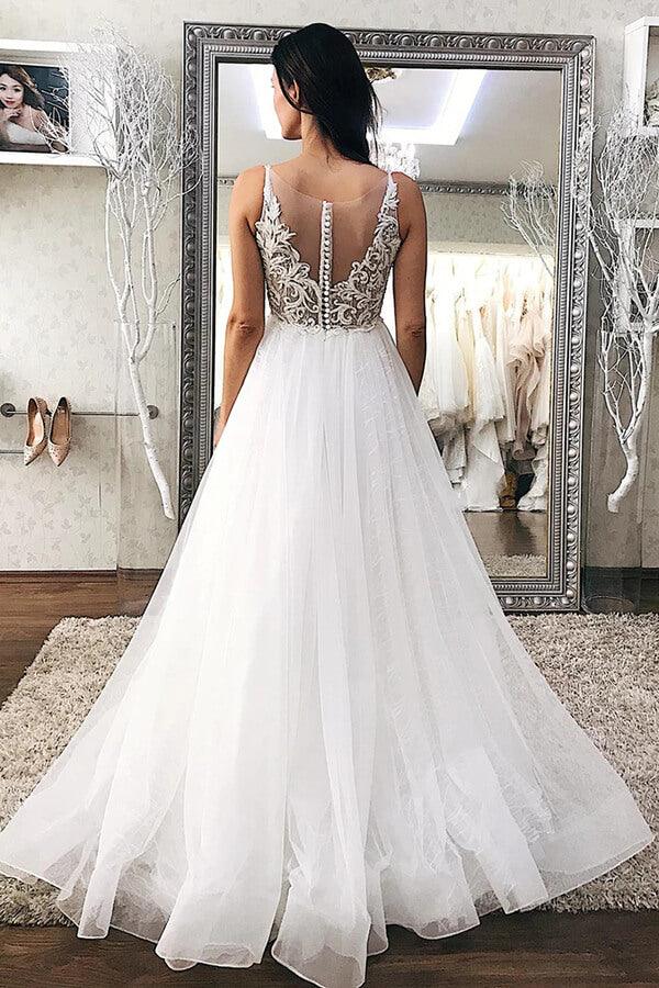 NumberSea Tulle A-line V-neck Wedding Dresses With Lace Appliques, Bridal Gowns