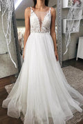 NumberSea Tüll-A-Linie-Brautkleid mit V-Ausschnitt und Spitzenapplikationen, Brautkleider