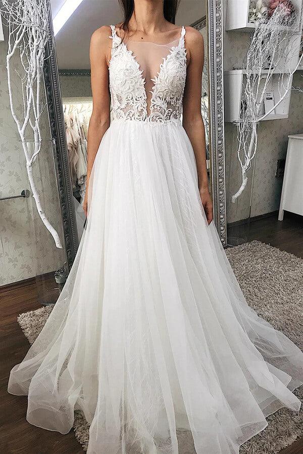 NumberSea Tulle A-line V-neck Wedding Dresses With Lace Appliques, Bridal Gowns