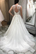 NumberSea Tüll A-Linie V-Ausschnitt Brautkleider mit Spitzenapplikationen, Brautkleider, MW818