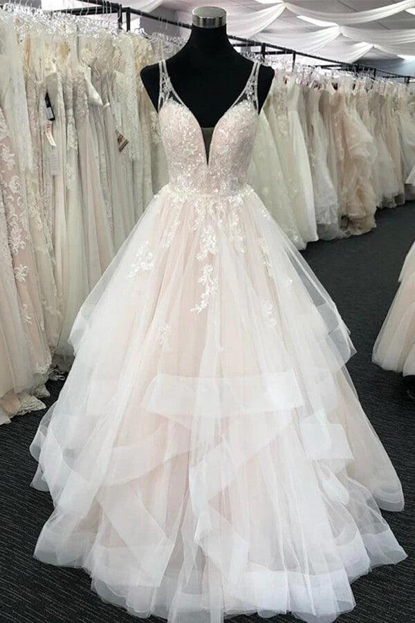 Vestido de novia NumberSea de tul, corte A, escote en V y apliques de encaje, MW807