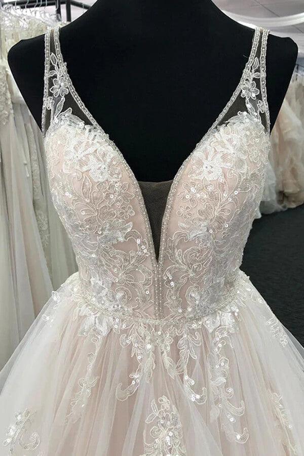 Vestido de novia NumberSea de tul, corte A, escote en V y apliques de encaje, MW807