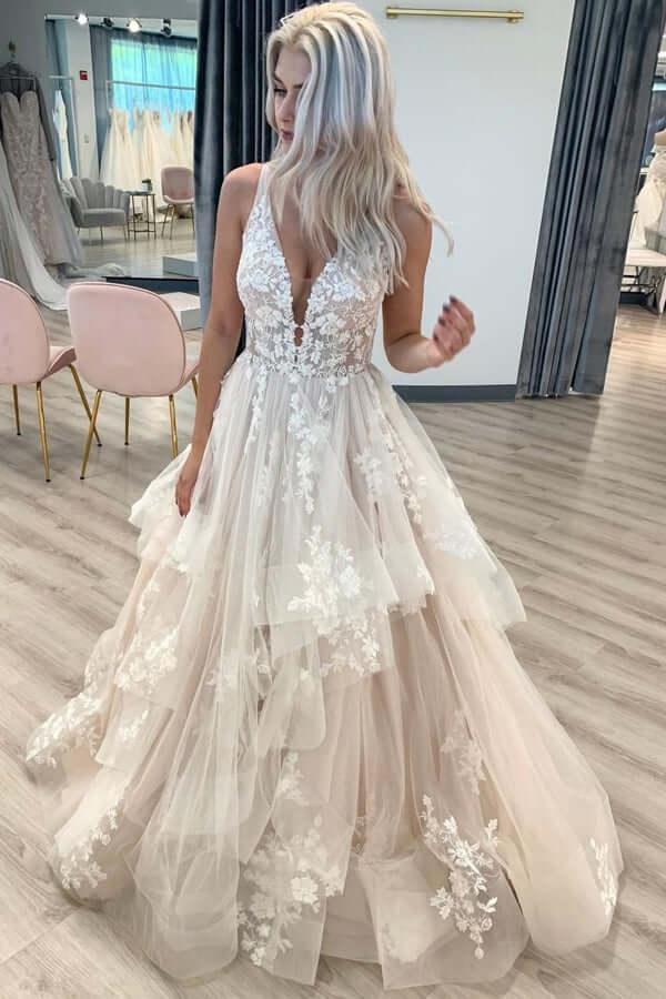 Vestido de novia NumberSea de tul, corte A, escote en V, apliques de encaje y largo hasta el suelo, MW832