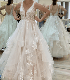 Vestido de novia NumberSea de tul, corte A, escote en V, apliques de encaje y largo hasta el suelo, MW832