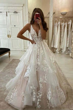 Vestido de novia NumberSea de tul, corte A, escote en V, apliques de encaje y largo hasta el suelo, MW832