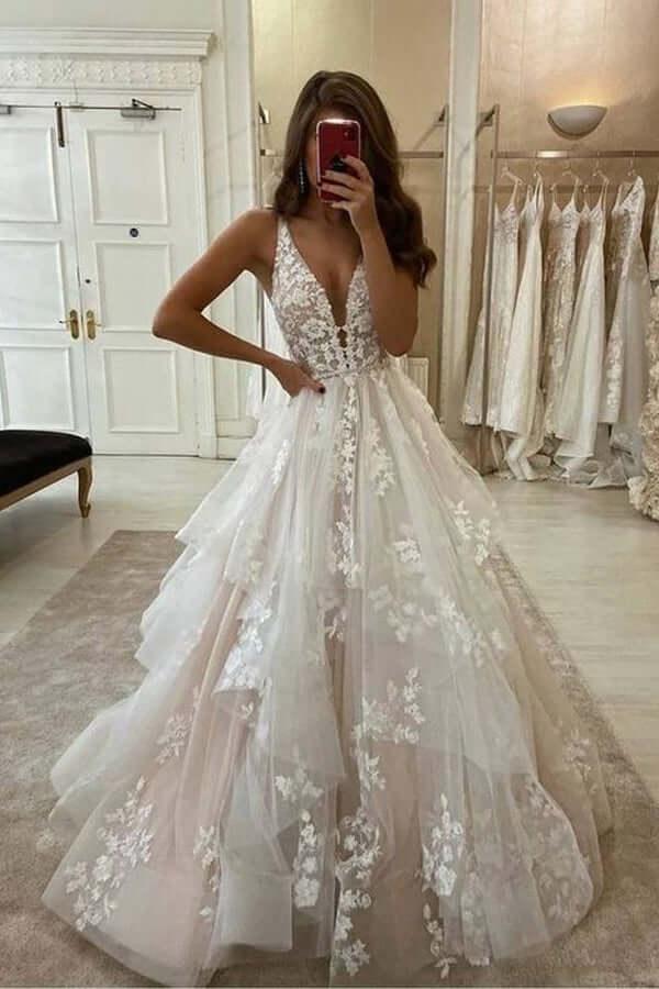 Vestido de novia NumberSea de tul, corte A, escote en V, apliques de encaje y largo hasta el suelo, MW832