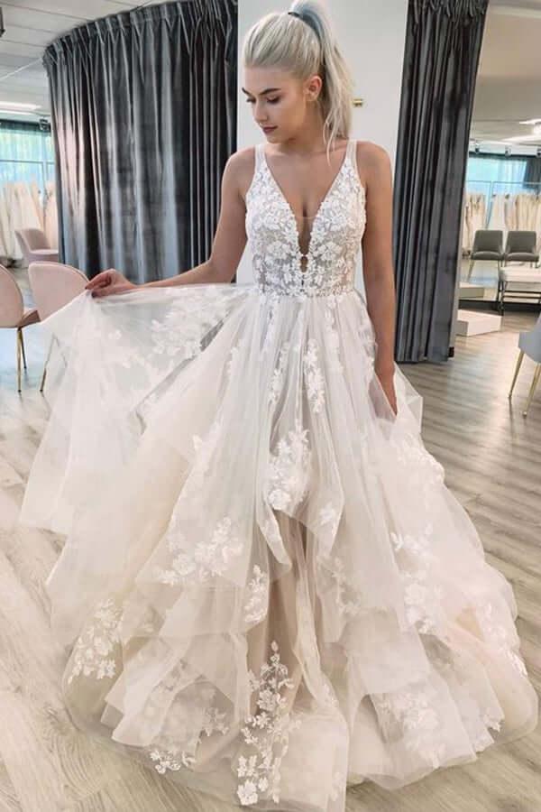 Vestido de novia NumberSea de tul, corte A, escote en V, apliques de encaje y largo hasta el suelo, MW832