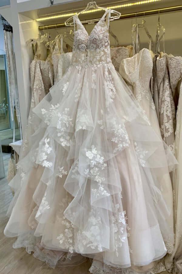 Vestido de novia NumberSea de tul, corte A, escote en V, apliques de encaje y largo hasta el suelo, MW832