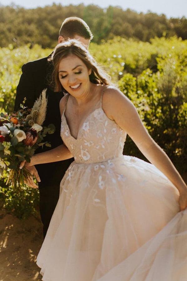NumberSea Tulle Backless A-line Spaghetti Straps Cheap Wedding Dress, Bridal Gown