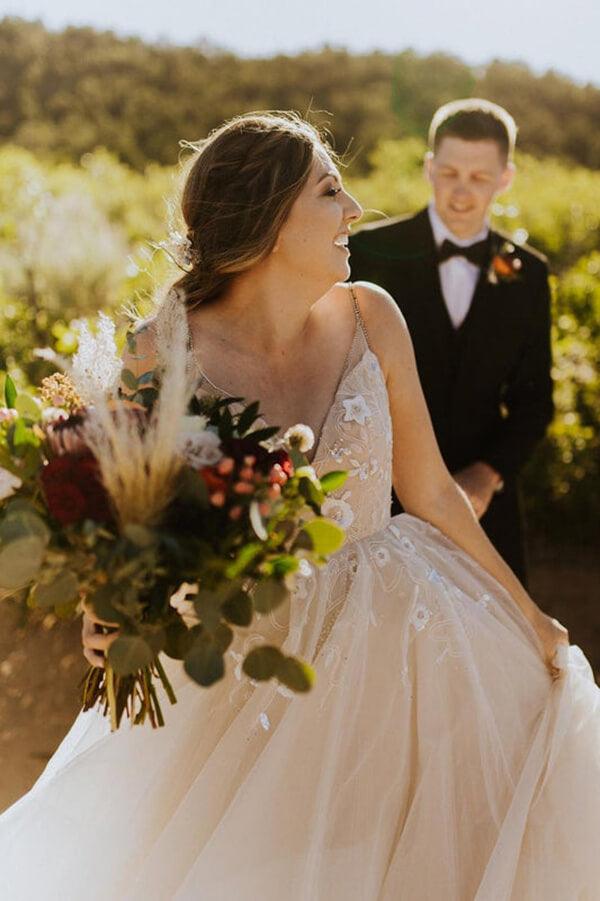 NumberSea Tulle Backless A-line Spaghetti Straps Cheap Wedding Dress, Bridal Gown
