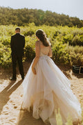 NumberSea Tulle Backless A-line Spaghetti Straps Cheap Wedding Dress, Bridal Gown