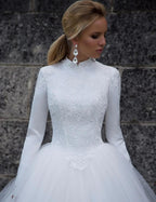 NumberSea Tüll Ballkleid Hoher Kragen Lange Ärmel Brautkleider, Hochzeitskleid, MW789