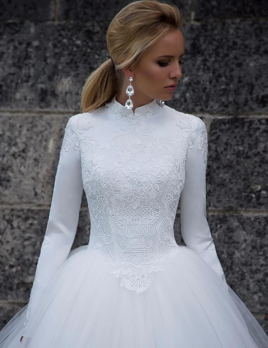 NumberSea Tüll Ballkleid Hoher Kragen Lange Ärmel Brautkleider, Hochzeitskleid, MW789