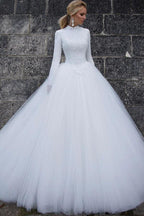 NumberSea Tüll Ballkleid Hoher Kragen Lange Ärmel Brautkleider, Hochzeitskleid, MW789