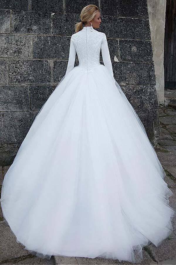 NumberSea Tüll Ballkleid Hoher Kragen Lange Ärmel Brautkleider, Hochzeitskleid, MW789