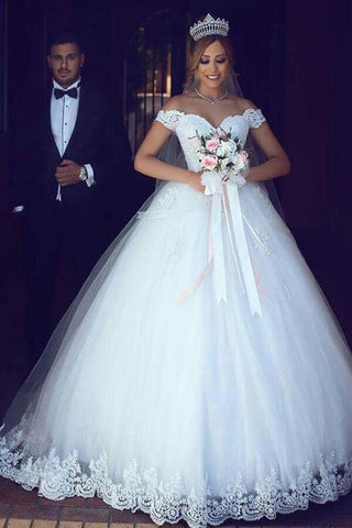NumberSea Tulle Ball Gown Off Shoulder Appliqued Wedding Dresses With Sweep Train, MW566