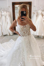 Vestido de novia NumberSea de tul con cola de corte redondo y apliques de encaje, MW931