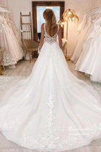Vestido de novia NumberSea de tul con cola de corte redondo y apliques de encaje, MW931