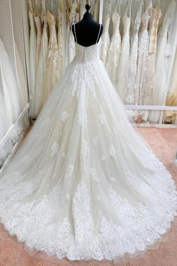Vestido de novia NumberSea de tul con tirantes finos y apliques de encaje, MW975
