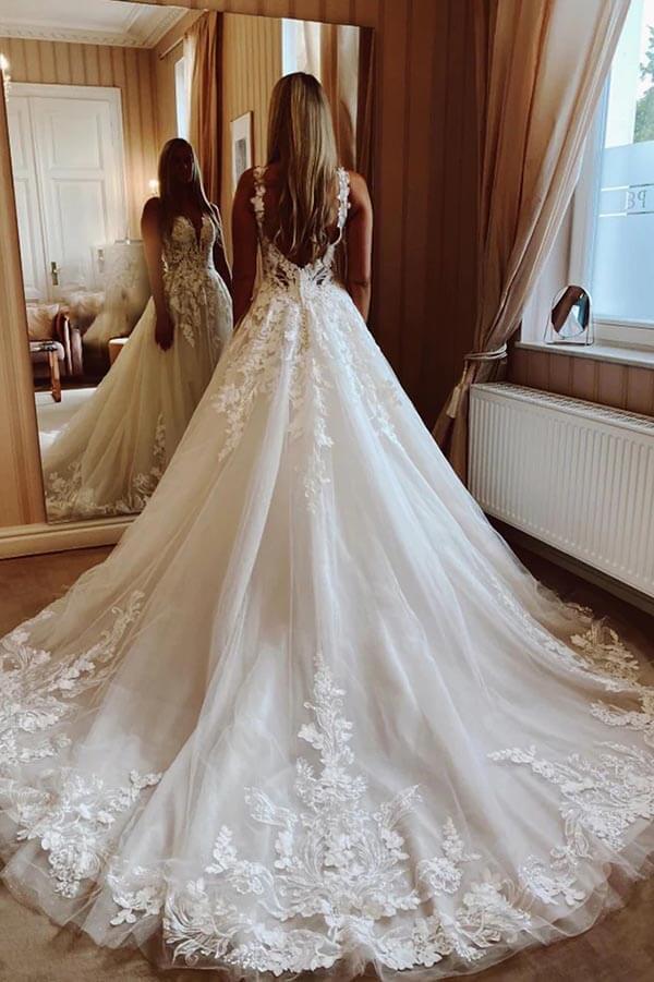 Vestido de novia NumberSea de tul con escote en V y apliques de encaje, MW876