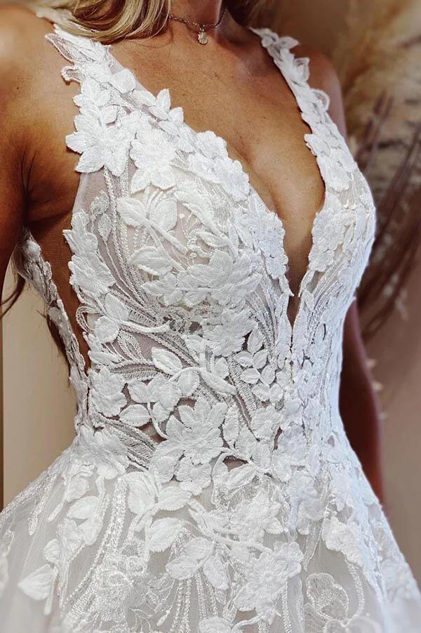 Vestido de novia NumberSea de tul con escote en V y apliques de encaje, MW876