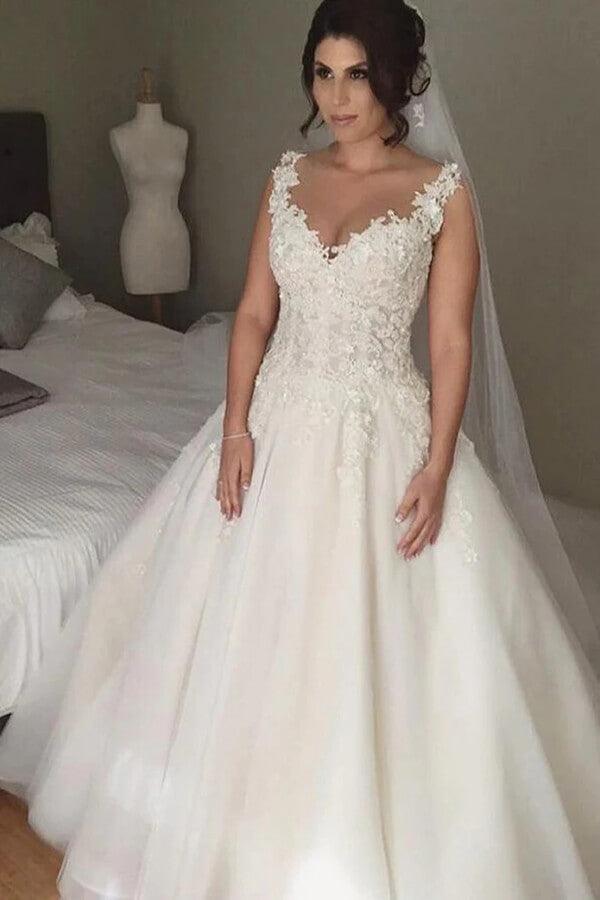 Vestido de novia NumberSea de tul con escote en V y cola larga, MW811