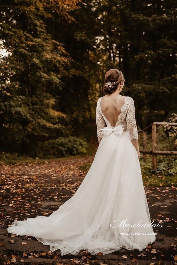 Vestido de novia NumberSea de tul con encaje, corte A, mangas 3/4 y espalda descubierta, MW878