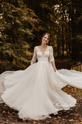 Vestido de novia NumberSea de tul con encaje, corte A, mangas 3/4 y espalda descubierta, MW878