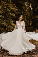 Vestido de novia NumberSea de tul con encaje, corte A, mangas 3/4 y espalda descubierta, MW878