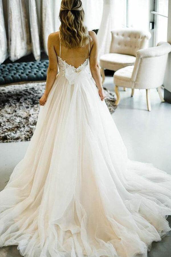 Vestido de novia NumberSea de tul con encaje, corte A, tirantes finos y cola de corte, MW653