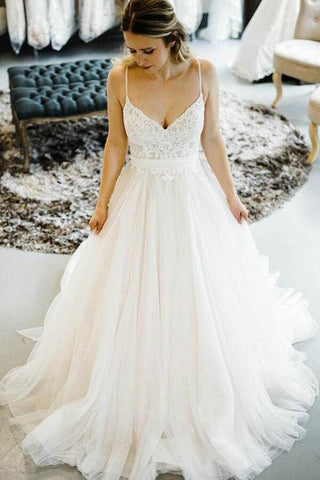 NumberSea Robe de mariée trapèze en tulle et dentelle avec bretelles spaghetti et traîne, MW653