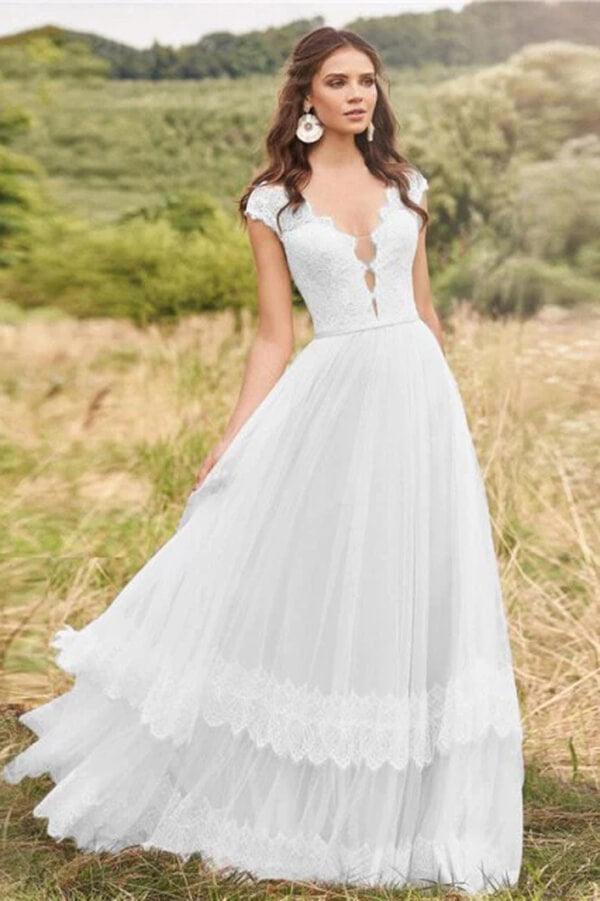 Vestido de novia rústico NumberSea de tul, encaje, corte A, escote en V y mangas cortas, MW751