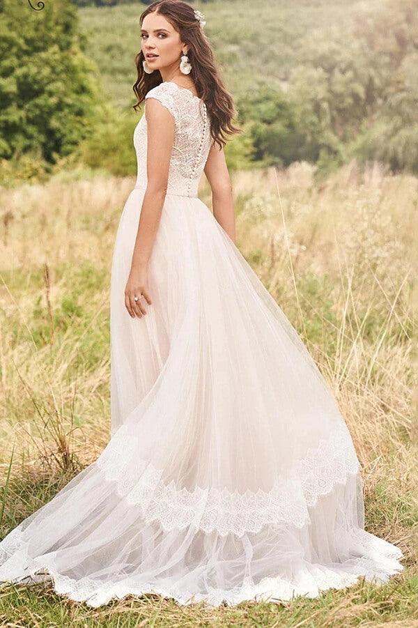 Vestido de novia rústico NumberSea de tul, encaje, corte A, escote en V y mangas cortas, MW751