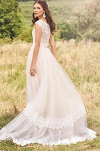 Vestido de novia rústico NumberSea de tul, encaje, corte A, escote en V y mangas cortas, MW751