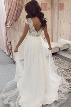 Vestido de novia NumberSea de tul con encaje, corte A, escote en V y mangas cortas, MW637