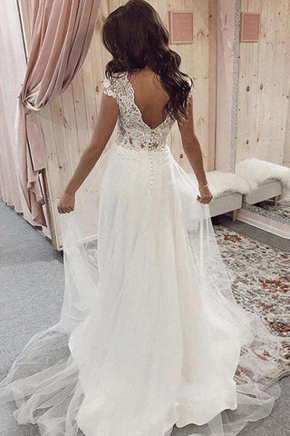 NumberSea Tulle Lace A-line V-neck Cap Sleeves Wedding Dresses, Bridal Gown, MW637