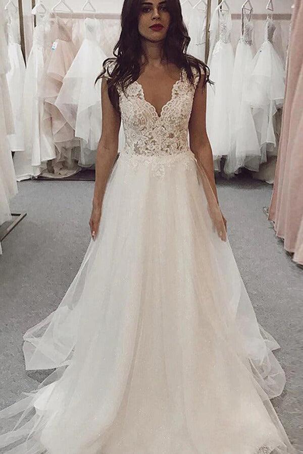 Vestido de novia NumberSea de tul con encaje, corte A, escote en V y mangas cortas, MW637