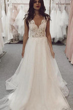 Vestido de novia NumberSea de tul con encaje, corte A, escote en V y mangas cortas, MW637