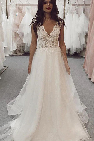 NumberSea Tulle Lace A-line V-neck Cap Sleeves Wedding Dresses, Bridal Gown, MW637