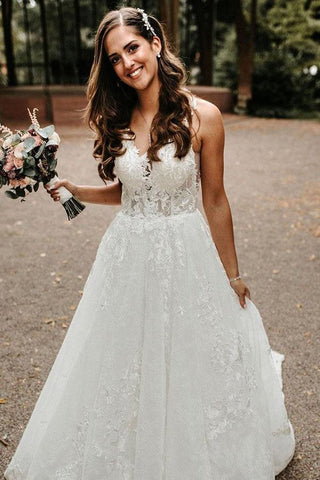 NumberSea Tulle Lace A-line V-neck Chapel Train Wedding Dresses, Bridal Gowns, MW599