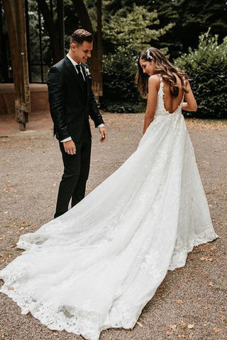 NumberSea Tulle Lace A-line V-neck Chapel Train Wedding Dresses, Bridal Gowns, MW599