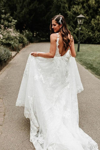 NumberSea Tulle Lace A-line V-neck Chapel Train Wedding Dresses, Bridal Gowns, MW599