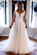 Vestido de novia de tul con encaje, corte en A, escote en V y mangas largas, MW717