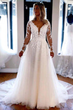 Vestido de novia de tul con encaje, corte en A, escote en V y mangas largas, MW717